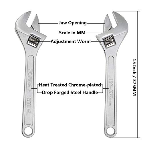 Image of Dr.Luck 15 Inch Sliver Adjustable Wrench, Drop Forged Steel Heat Treated Chrome-plated, Garage DIY Tool