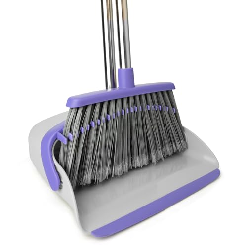 Image of Broom and Dustpan Set with 51 inch Adjustable Long Handle-Gray Purple | Long Handle and Standing Dust Pan with Comb Teeth, Efficient Floor Cleaning for Kitchen, Outdoor, Dorm, Apartment, Office