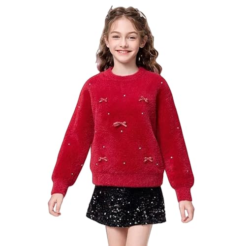 Pull tricoté moelleux pour filles avec un joli nœud en polaire mignon