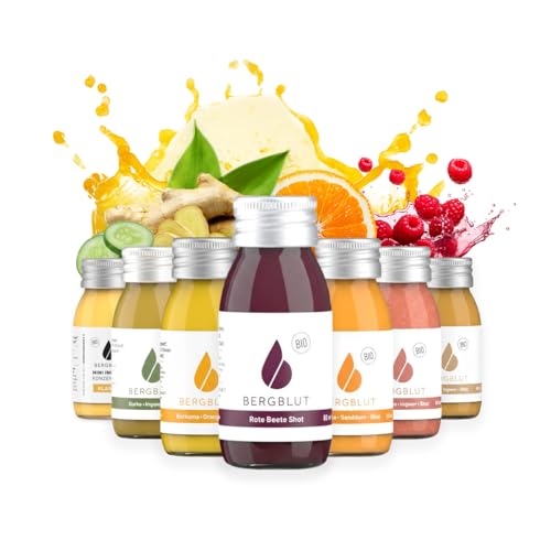 Bergblut Ingwer Shot Mix Box | 7 x 60 ml Bio Shots in verschiedenen Sorten | Direktgepresst & Ohne Zusatzstoffe | Ingwershot Vegan & 100 % natürlich | Saftkur Alternative