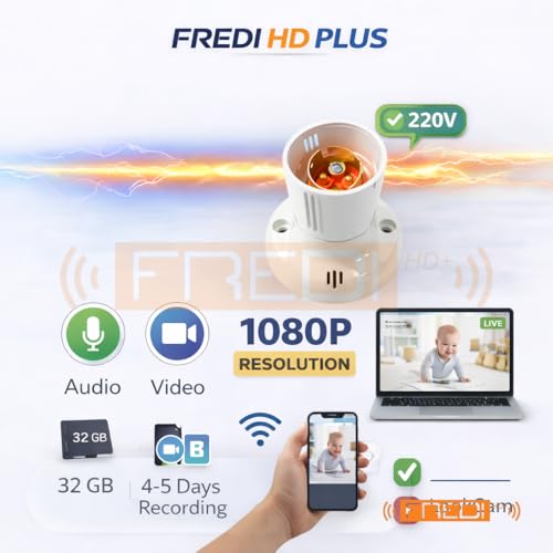 Image of FREDI HD PLUS Smart WiFi Bulb Holder Camera | 1080p Full HD Video with Audio | Works on Mobile & PC | 32 GB Card Support | Motion Recording | AC 220V Plug & Play Indoor Use for Home & Room