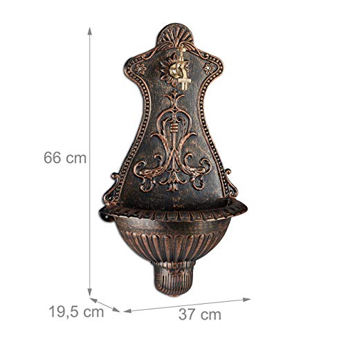 Relaxdays Wandbrunnen, Außenwaschbecken in Nostalgie Look, Wasserhahn & Becken, hängend, HBT: 66 x 37 x 19,5 cm, bronze, Braun, Gold
