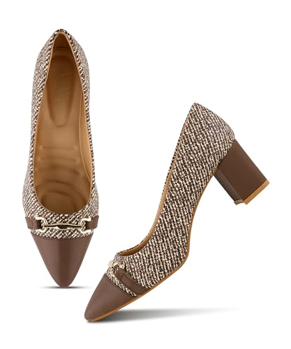 Image of JM LOOKS Professional Textured Block Heel Pumps with Metallic Buckle Accent and Modern Two-Tone Cap Toe Design