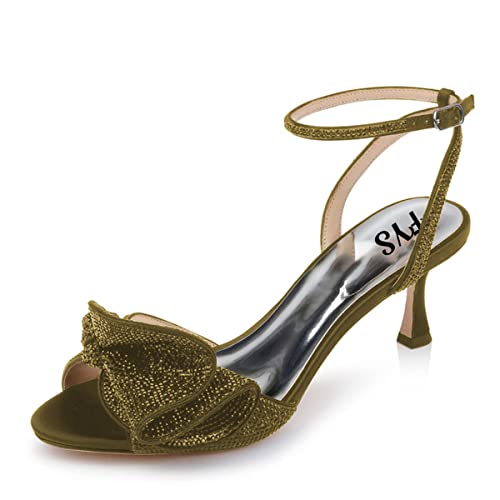 FYS Women Cute Rhinestones Bow Peep Toe Low Kitten Heel Ankle Strap Sandals Satin Dress Pumps Wedding Banquet Ladies Shoes Size 4-15 US