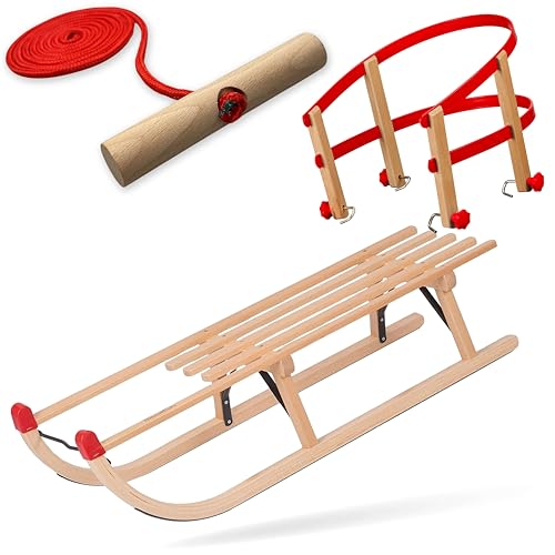 Explorer Colint Holzschlitten mit Rückenlehne für Kinder ab 1 Jahr und Erwachsene Set Schlitten Davos Schlitten mit Leine und Kunststoff/Holz Rückenlehne in Rot 90cm Alpina Fun