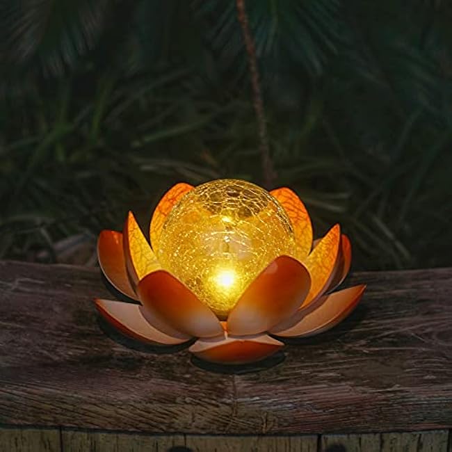 Decorman Solar Garden Lights Outdoor, Crackle Globe Glass Lotus Decoration, Waterproof Metal LED Flower Lights for Yard, Patio, Lawn, Pathway, Tabletop (1 Pack, Orange)