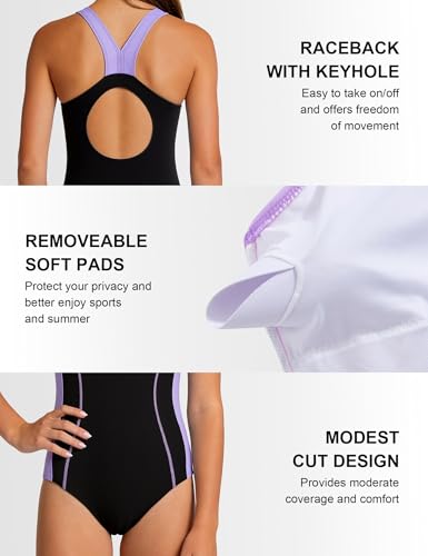Image of Idgreatim 9-16T Teen Girls One Piece Swimsuit Athletic Bathing Suit | UPF 50+ quick dry fabric racerback design removable pads chlorine resistant for swimming training competition pool beach