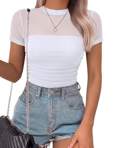 SAUNGKUAI Women's Mesh Short Sleeve Bodysuit Mock Neck Ruched Sheer Body Suits Leotard Going Out Tops Summer Outfits White M