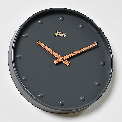 Fichl Bubble 12-Inch Silent Battery Operated Navy Blue Grey Wall Clock with Wood Grain Hands, Modern Analog Design, Non-Ticking, Ideal for Bedroom, Living Room, Kitchen, Kids Room & Home Decor