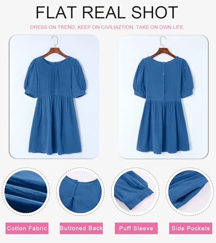 Image of Dokotoo Womens Summer Crewneck Puff Sleeve Babydoll Elegant Empire Waist Mini Swing Skater Dresses with Pockets