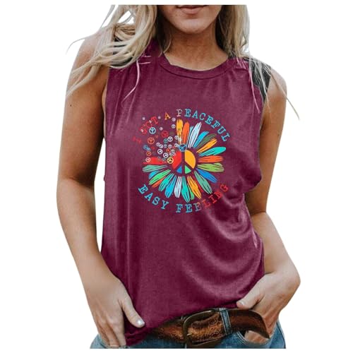 2025 - ALLTB Camisetas sin Mangas con Signo de la Paz Gráfico de Girasol para Mujer, Azul Marino, Camiseta con Estampado Floral Sin Mangas Signo de la Paz, Camisetas de Novedad Suéter con Cuello Alto
