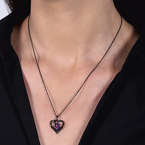 Enchanted Disney Fine Jewelry Black Rhodium Over Sterling Silver 7X5 Mm Oval Cut Amethyst And 1/5 Cttw Treated Black Round Diamond Ursula Heart Pendant Necklace, 18" Cable Chain #TOP1