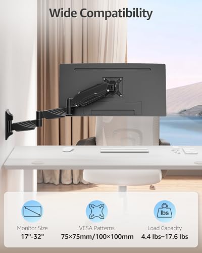 Image of MOUNTUP Long Arm Monitor Wall Mount for 17-32 inch Screens, Supports 4.4-17.6lbs, Long Reach Arm Extends Up to 27.97 inch, Copmuter Wall Mount Monitor Arm, Full Motion Tilt Swivel Rotation, VESA 75x75 100x100