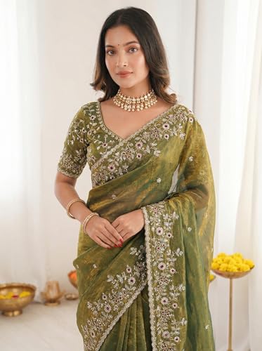 Image of ORHANS Women's Tissue Silk Ethnic Motifs Embroidered Tissue Heavy Work Saree with Embroidered With Unstitched Blouse Piece Blouse Piece | Beautiful Saree for Women | Traditional Indian Sari