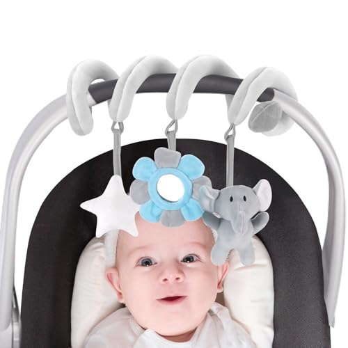 Image of vocheer Car Seat Toys for Babies 0-6 Months Boys, Hanging Rattle Bouncer Toys for Crib Mobile, Infant Spiral Plush Stroller Toy, Grey Elephants