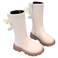 PAIDAXING Girls Winter Boots Knee High Faux Fur Lined Leather Snow Boots Warm Non-Slip Side Zipper Riding Boots with Bowknot for Kids White