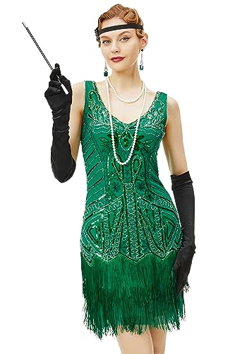 BABEYOND - Vestido de charlestón para Mujer, Estilo años 20, Vestido del Gran Gatsby con Flecos, Cuentas y Cuello de Pico, Verde, XS