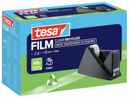 tesa Desk Dispenser Economy Recycles - Gehäuse 100% recycelter Kunststoff aus Produktionsresten - Klebeband Tischabroller mit 1 Rolle film Clear Recycled 10 m x 15 mm