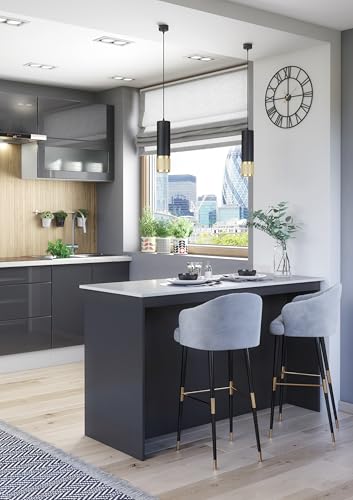 Furneo Kitchen Island 02 Modern Kitchen Island with Breakfast Bar & Shelves 130 cm Graphite and Marble Effect Finish