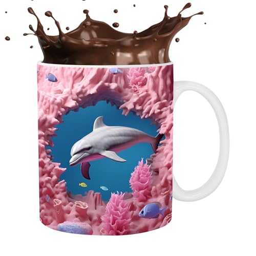 Genérico Taza de café con delfines 3D,Tazas lindas pintadas planas en 3D Tazas de café de cerámica | de Novedad taza de 11oz cerámica delfín decoración para los amantes del leche té