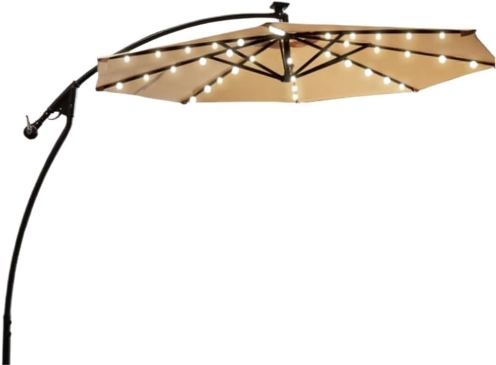 Garden Parasol Beach Umbrella 9.8ft Solar LED Patio Outdoor Umbrella Hanging Cantilever Umbrella Offset Umbrella Easy Open Adustment with LED Lights Garden Umbrella Patio,E-9.8ft/3M