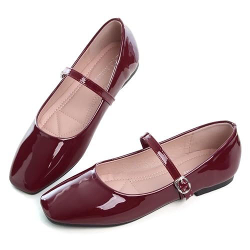 Hee grand Womens Mary Jane Shoes Patent Leather Dress Shoes Square Toe Buckle Strap Ballet Flat Comfortable Walking Shoes,Red 9