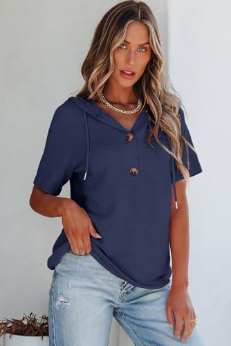 Image of Dokotoo Womens Summer Tops Waffle Knit Short Sleeve Lightweight Drawstring Hoodies Button V Neck Casual Blouses Shirts
