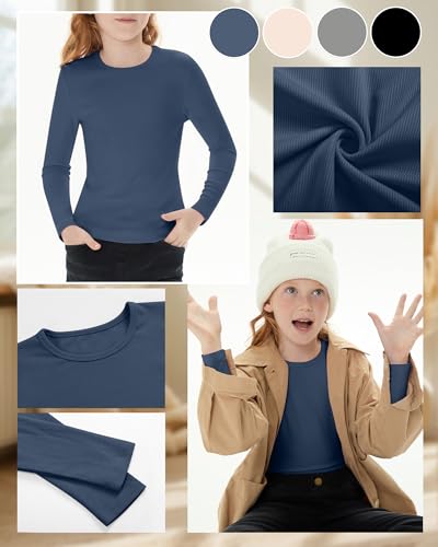 Image of 4 Pack Girls Long Sleeve Shirts Ribbed Knit Cotton Crewneck Tops Slim Fit Soft Casual Kids Base Layer Undershirts