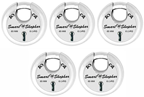 Image of Smart Shophar Steel Zip Action Medium Disc Shutter Lock 65 MM Silver, Pack of 5 with Keys /Multipurpose Hardened Shackle Padlock for Door, Gate, Shutter and Home /Drill Resistant Body