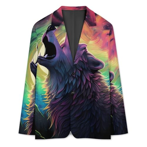 Northern Light Wolf Howling Mens Suit Jacket Lapel Blazers 2 Button Business Coat Tuxedo for Wedding Dinner3