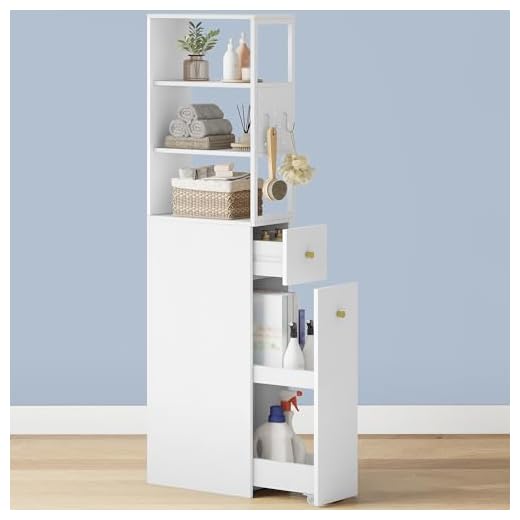 Hzuaneri Badezimmschrank hoch, Nischenschrank, Badschrank schmal, mit Schublade auf Rollen, 3 offenen Regalebrett-Ebenen, Hochschrank, Seitenschrank, 40 x 20 x 140 cm, Weiß, BC32003W