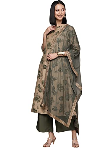 Image of ZIYAA Women's Beige Chanderi A-Line Kurta Palazzo and Dupatta Set