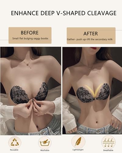 Image of Adhesive Bra Push up Strapless Sticky Invisible Upgrade Lace Bras for Women Dress Backless with Detachable Strap Nipple Cover