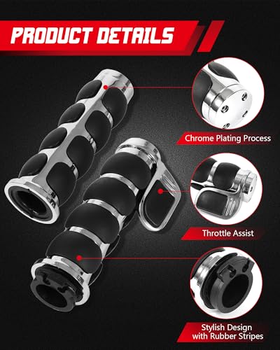 INNOGLOW Motorcycle Hand Grips 1" Universal Non-Slip Handgrips Handlebar Grips with Throttle Assist Chrome Black Aluminum Rubber for Harley Kawasiki Suzuki Cruisers - Thumbnail 3