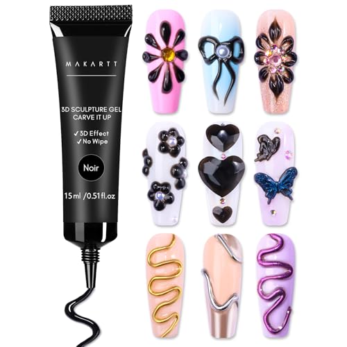 Makartt 3D Nail Gel Sculpting Gel Nail Art Glue for Craving, 15g Black Candy Molding Gel No Wipe Embossed Gel Polish Rhinestone Nails Charm Glue Decoration Manicure Designs (Noir)