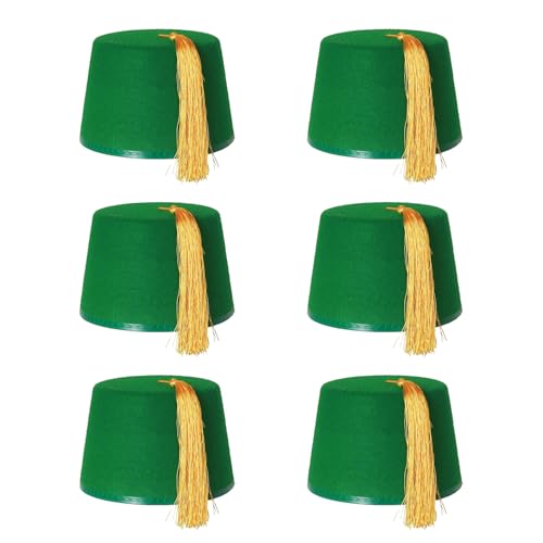 Lot de 6 chapeaux Fez vert avec pompon doré unisexe en feutre pour homme et femme