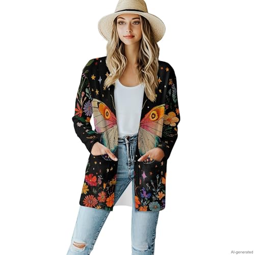 Image of Forchrinse Red Ladybug Cardigan for Women Causal Long Sleeve Open Front Cardigans Sweater Fashion 2024 Fall Coat with Pockets