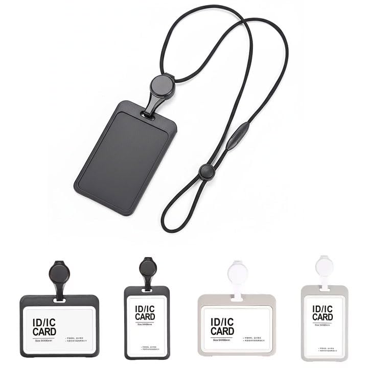 Heavy Duty Retractable Badge Holder with Lanyard Vertical Hard ID Card Case with Privacy Flip Adjustable Breakaway Cotton Neck Strap & Badge Reel for Nurses Teachers Office (Black Portrait)
