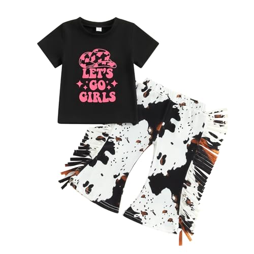 Image of Western Toddler Baby Girl Fall Clothes Long Sleeve Let's Go Girl Shirt Cow Print Flare Pants with Tassels 2Pcs Outfits