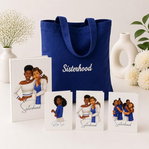 Image of Sisterhood Tote Bag, Journal and Stationery Gift Set, 6x9 inch Lined Journal, 3 Greeting Cards, Embroidered Canvas Tote, Gift Pack for Friends and Sisters (Blue+White)