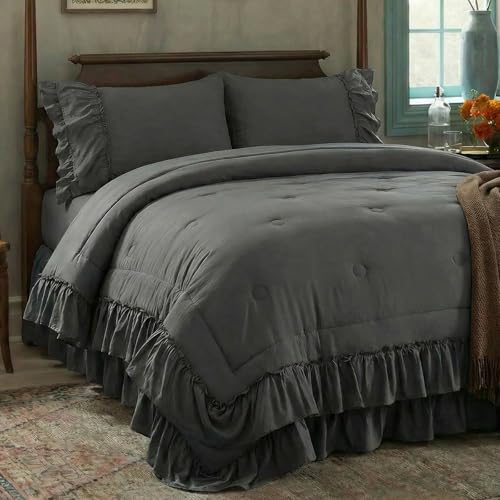 Bedding_Dreamer Dark Gray Ruffle Comforter Set King, 3 Pieces Shabby Chic Farmhouse Bedding, Soft Microfiber Comforter with Matching Shams, All Season