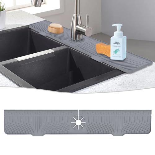 Image of Derlights 33 inch Sink Splash Guard Mat, Silicone Faucet Handle Drip Catcher Tray, Longer Silicone Sink Mat for KitchenBathroom, Drip Protector Splash Countertop (Gray)