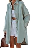 FSHAOES Womens Lapel Collar Long Corduroy Shirts Casual Button Down Side Slit Oversized Shacket Coat