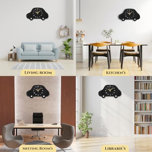 Image of Car Shape Metallic Analog Wall Clock for Living Room, Bedroom, Kids Room & Hall | Stylish Home Decor Wall Clock | Battery Operated, Modern Design | Black Color | 38 x 22 CM