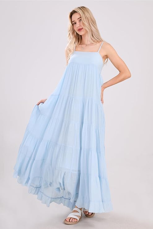 utcoco Women's Spaghetti Straps Maxi Dresses Back Smocked Sleeveless Tiered Swing Flowy Boho Long Sundress - Image 2