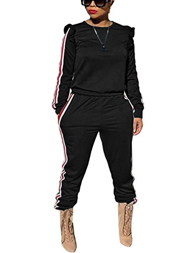 Akmipoem Women Tracksuit Reffle Sleeve Crew Neck Sweatshirt And Pockets Sweat Pants Sweatsuits Set Black M #TOP1