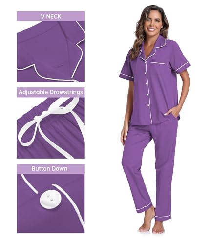 Image of CF Womens 100% Cotton Pajamas Set Button Down Pjs Sets Short Sleeve Top & Long Pants Sleepwear Comfy Loungewear with Pockets