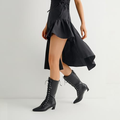 LanreyTaley Women's Mid Calf Boots Back Zipper Victorian Lace Up Vintage Boots Kitten Heel Daily3