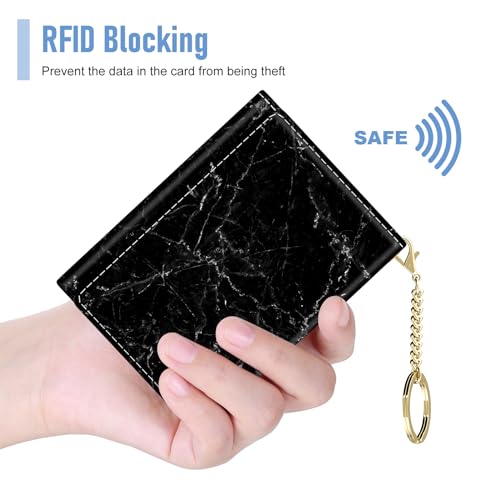 Image of Rouidr Womens Wallet, Small Slim RFID Card Wallets for Women, Cute Front Pocket Trifold Leather Card Organizer with 7 Slots & ID Window, Black Marble