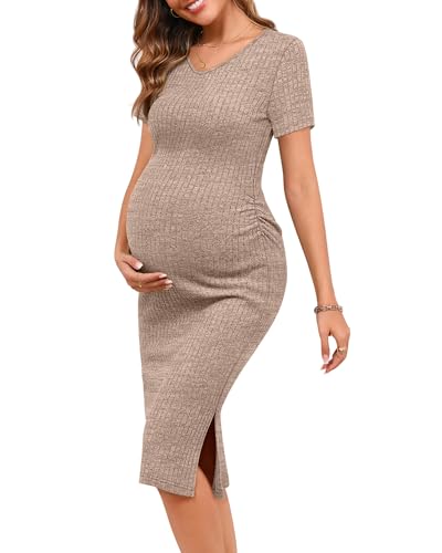 Ficerd Vestidos femininos com nervuras divididas para gestantes, gola V, manga curta, franzido para gravidez, roupas justas, malha elástica para chá de bebê, Caqui, XGG